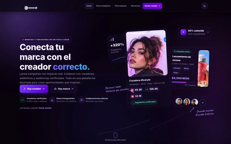 Captura de pantalla de sistema de influencers